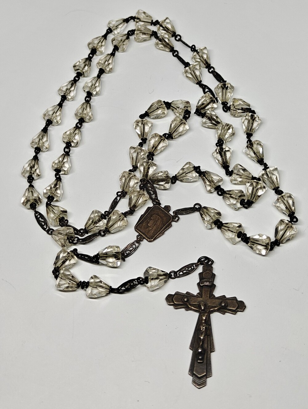 Vintage 50s Sterling Silver Rock Crystal Rosary Prayer Beads Necklace